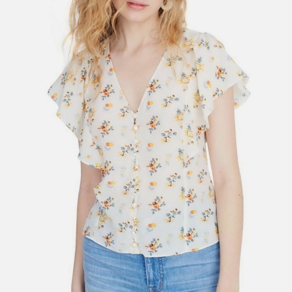 Madewell Flutter Sleeve Silk Floral Top